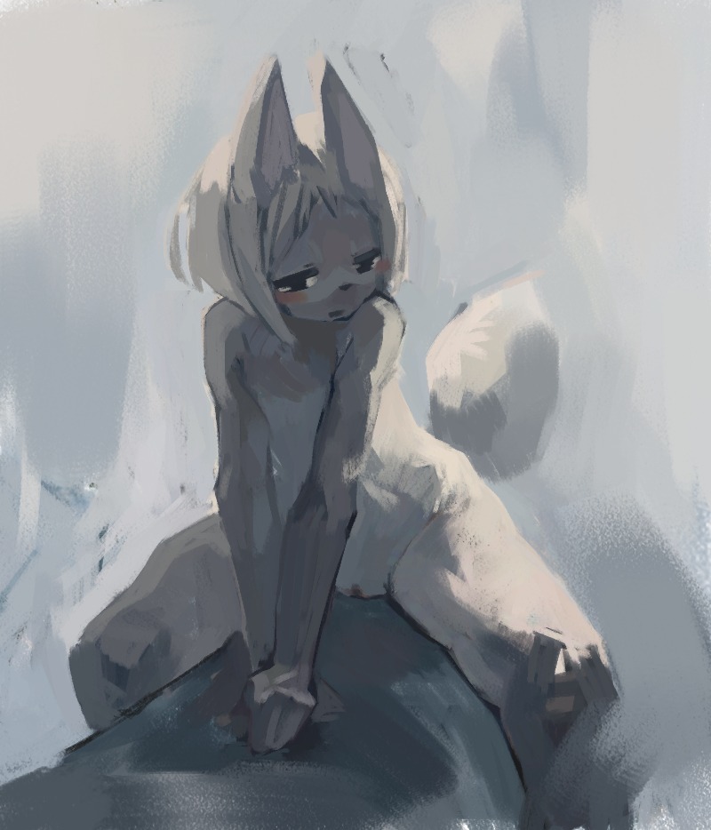 anthro biped blush canid canine e621 female fox genitals halsione kemono looking_at_viewer mammal nude painting_(object) sitting solo spread_legs spreading vulva young young_anthro young_female