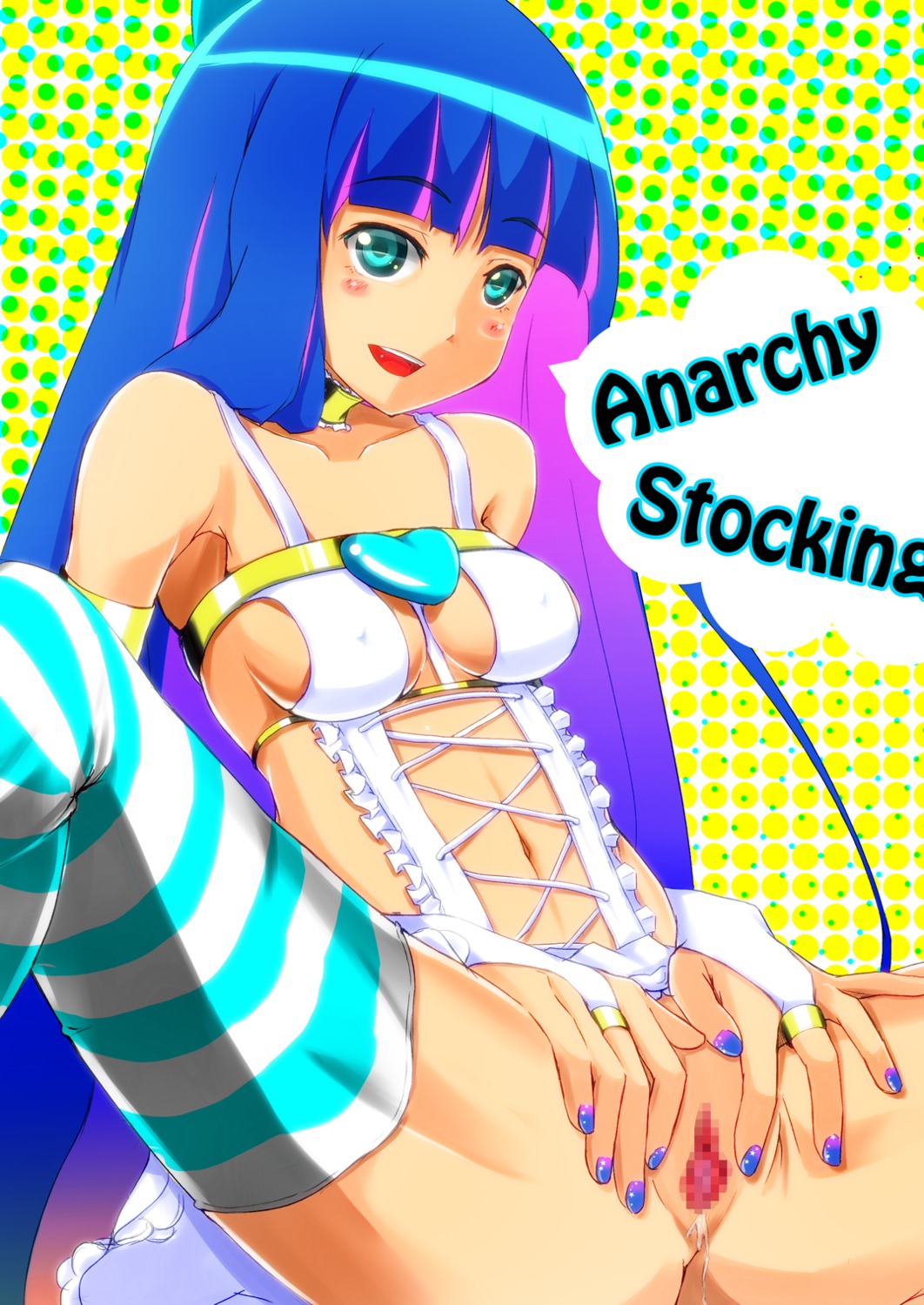 alternate_costume blue_eyes blue_hair censored female hazuki_natena highres lingerie long_hair multicolored_hair panty_&amp;_stocking_with_garterbelt pussy rule34 solo spread_legs spread_pussy stocking_anarchy striped striped_legwear striped_thighhighs thighhighs two-tone_hair underwear