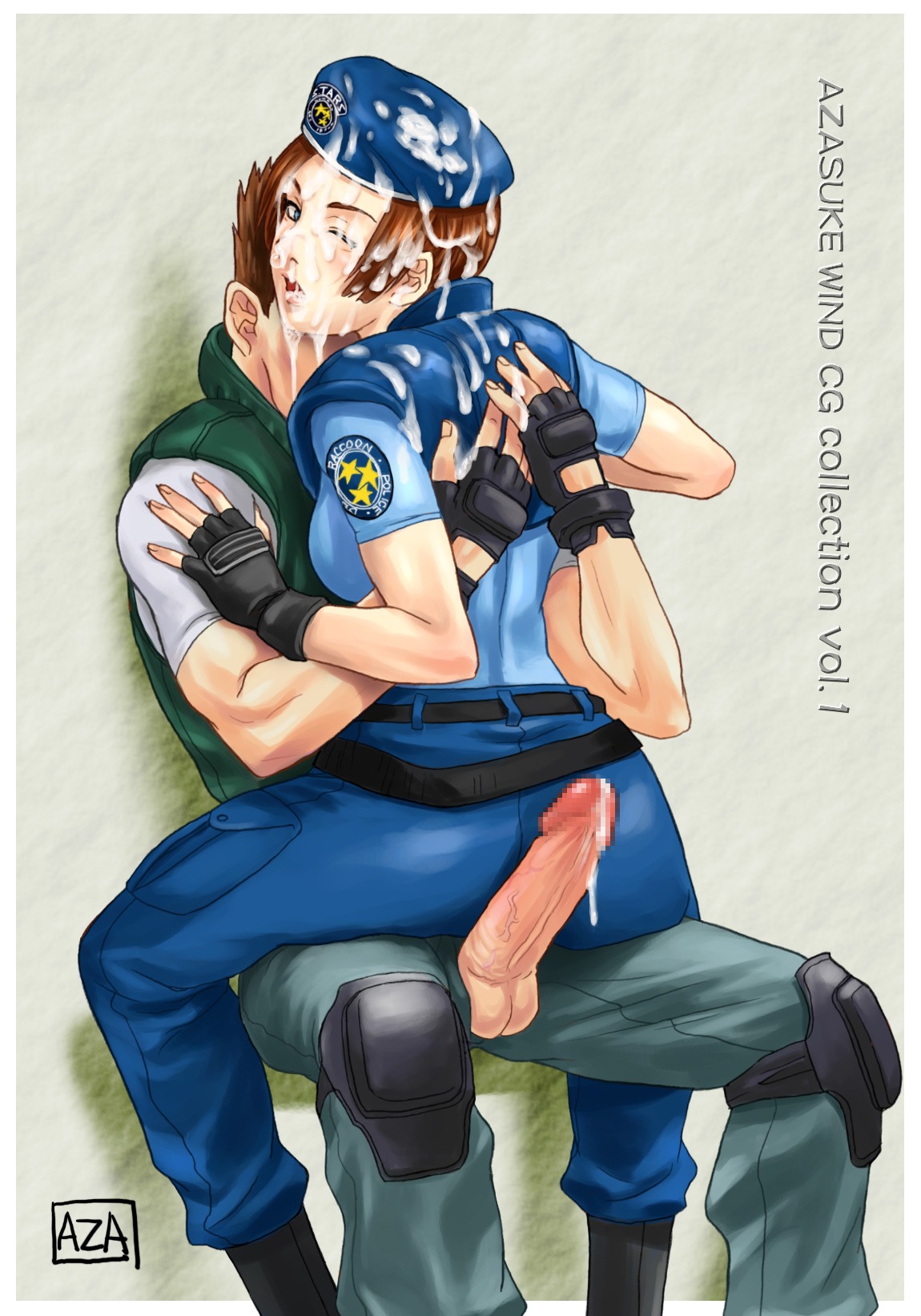 azasuke beret censored chris_redfield cum facial female hat highres human jill_valentine jill_valentine_(julia_voth) male mosaic_censoring penis resident_evil rule34 straight