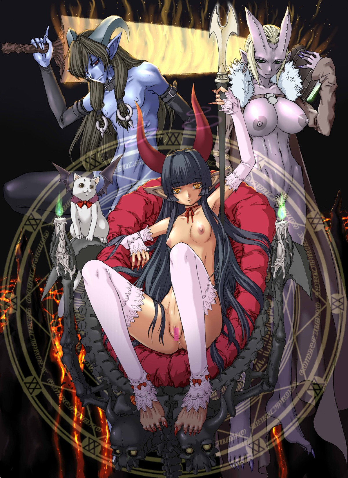 animal_ear anus bat_wings blue_skin breasts claws demon demon_girl demonic devil_wings fantasy feline female flaccid highres horns human juubaori_mashumaro large_breasts magic_circle male multiple_females multiple_girls nail_polish nude painted_nails penis pointy_ears pubic_hair ribbon rule34 skull skulls small_breasts sword thighhighs weapon wings