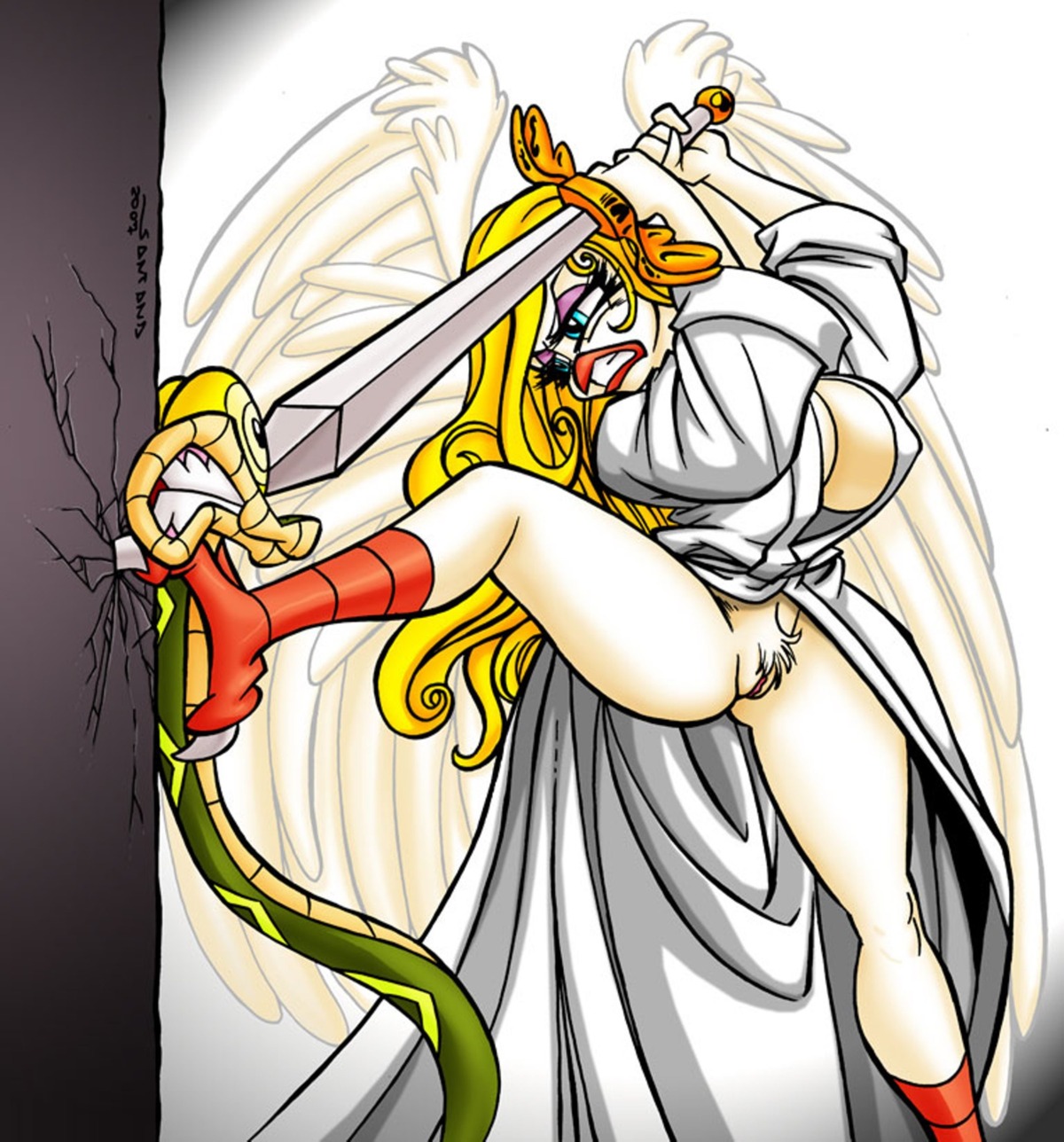 absurd_res anthro avian bird bottomless breasts chicken claws clothed clothing compression_artifacts duo e621 feathered_wings feathers female gabriela_(jilo) galliform genitals hi_res holding_melee_weapon holding_object holding_sword holding_weapon jilo jilo_(character) melee_weapon non-mammal_breasts phasianid reptile robe scalie snake spread_legs spreading sword vulva weapon wings