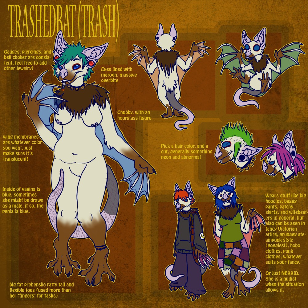 bat blue_eyes blue_hair chubby fat female feral gauged_ear green_hair hair makeup model_sheet mohawk piercing pink_hair pussy rule34 skirt trashedbat wings