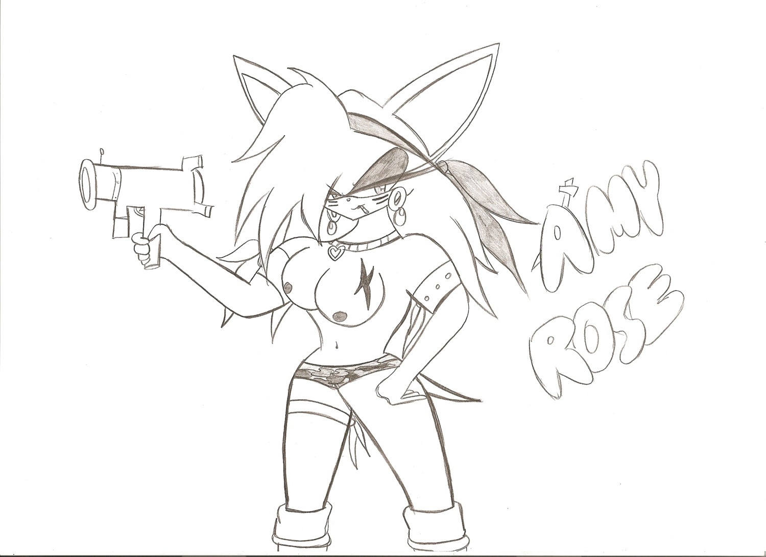 amy_rose anthro breasts deadreligion female female_only fur furry furry_only hedgehog large_breasts long_hair monochrome rule34 simple_background solo sonic_(series) topless traditional_media white_background