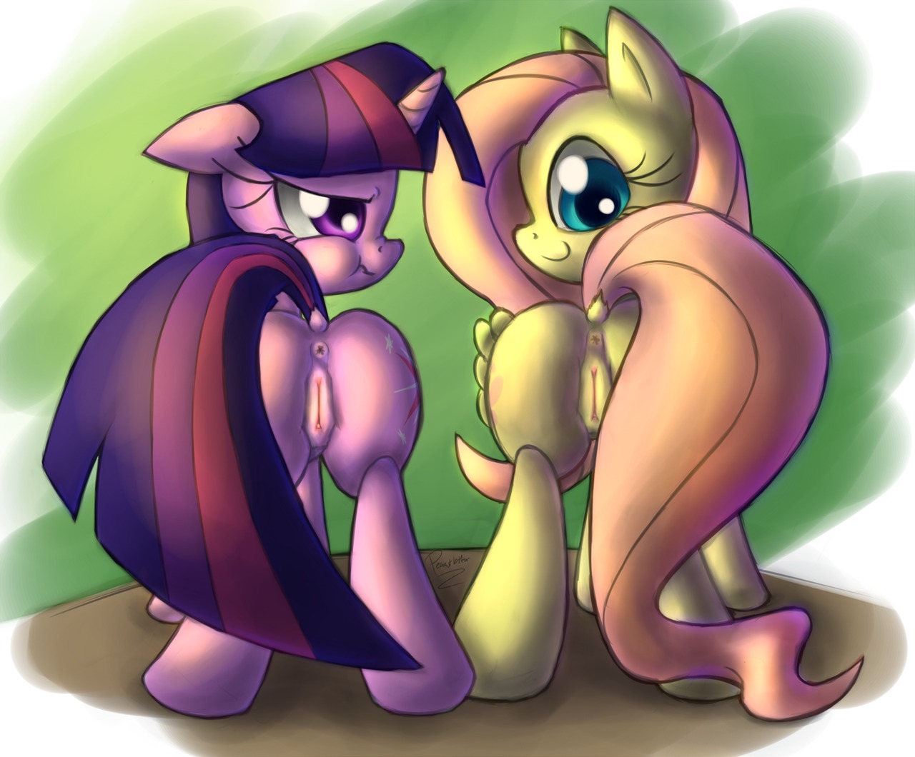 anus blue_eyes butt cutie_mark digital_media_(artwork) duo e621 equid equine feathered_wings feathers female feral fluttershy_(mlp) friendship_is_magic fur genitals hair hasbro horn leadhooves looking_at_viewer looking_back mammal multicolored_hair my_little_pony mythological_creature mythological_equine mythology pegasus pink_hair presenting presenting_hindquarters presenting_vulva purple_body purple_eyes purple_fur purple_hair quadruped shaded tail twilight_sparkle_(mlp) two_tone_hair unicorn vulva wings yellow_body yellow_feathers