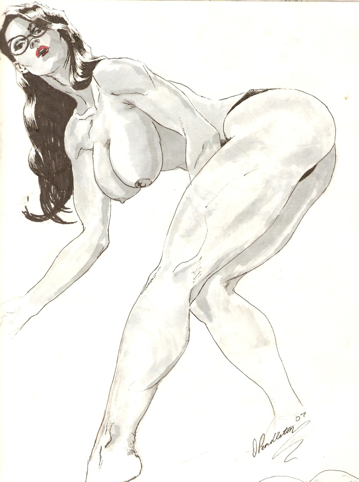1girls 2007 anastasia_cisarovna bare_shoulders barefoot baroness_(g.i._joe) big_breasts breasts cobra feet female female_only g.i._joe glasses large_breasts long_hair monochrome nipples opendleton rule34 solo tagme topless
