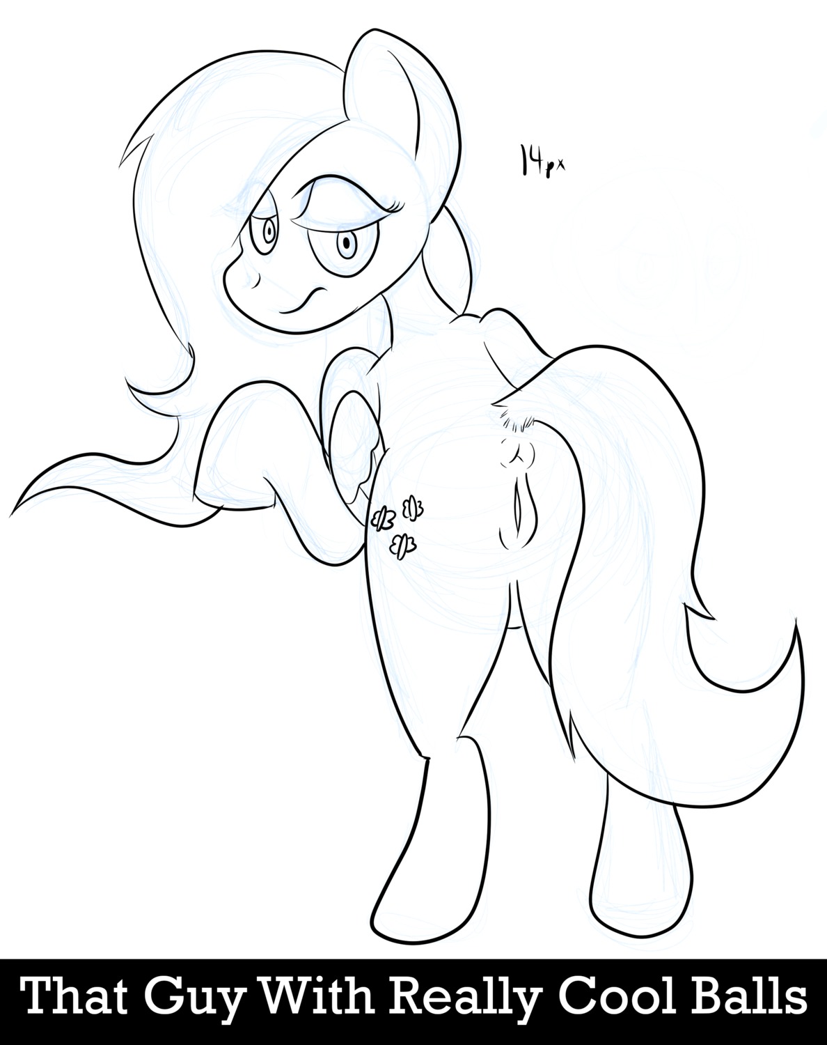 2013 absurd_res anus cutie_mark e621 english_text equid equine feathered_wings feathers female feral fluttershy_(mlp) friendship_is_magic genitals goatboy hasbro hi_res looking_at_viewer looking_back mammal monochrome my_little_pony mythological_creature mythological_equine mythology pegasus solo text vulva wings
