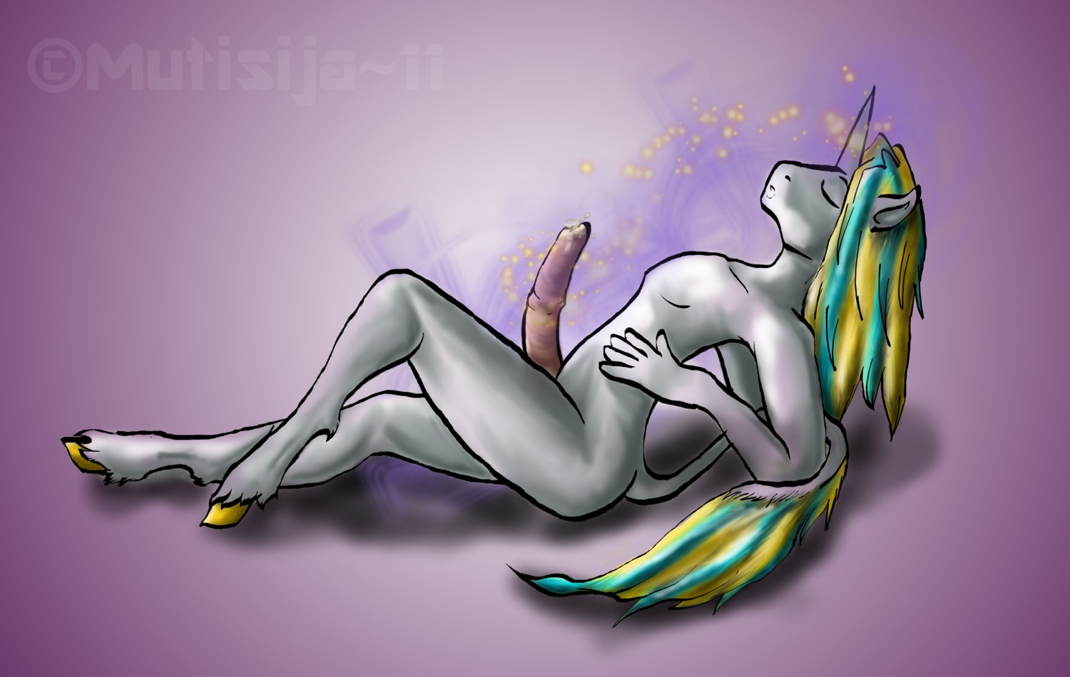 1boy animal_genitalia animal_penis anthro closed_eyes equine furry hi_res hooves horn horns horse horsecock magic male male_only multicolored_hair mutisija nude penis precum purple rule34 solo tail thunderhoof unicorn