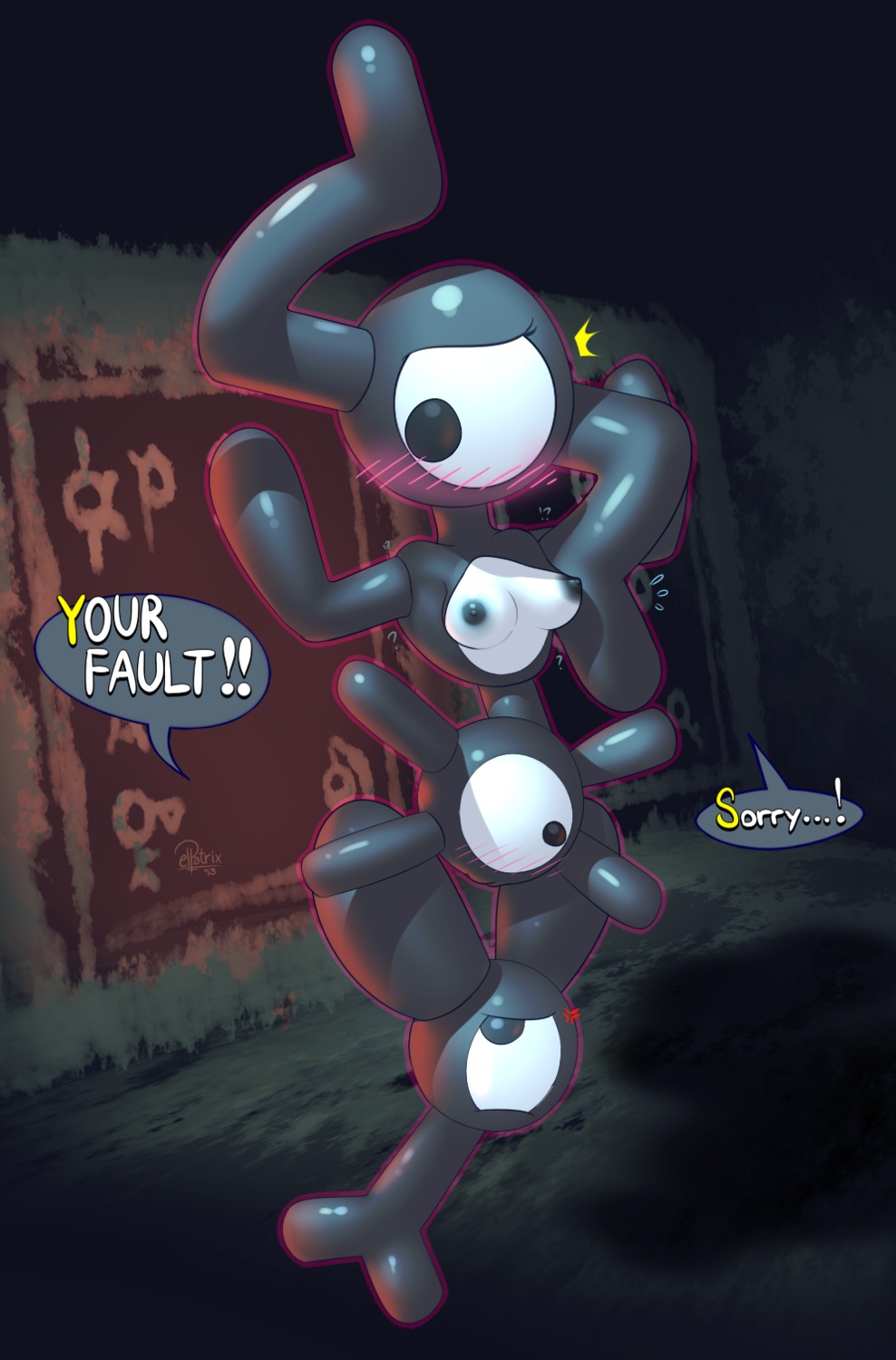 1_eye 2013 alternate_species angry apology black_body blush breasts cave conjoined custom_unown_form dialogue digital_media_(artwork) e621 elpatrixf embarrassed english_text eye_creature eyelashes fan_character female generation_2_pokemon genitals glistening grey_eyes hi_res humanoid humanoidized inside letter_creature looking_back looking_down looking_up multi_eye nintendo nipples not_furry nude pokemon pokemon_(species) pokemorph shadow solo text unown_(pokemon) unown_d unown_e unown_f unown_k unown_p unown_q unown_s unown_x unown_y vulva yxes