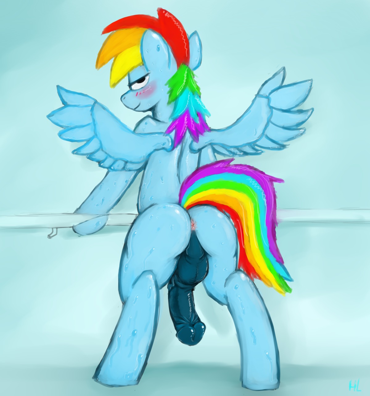 2013 absurd_res alternate_form animal_genitalia animal_penis anthro anthrofied anus backsack balls bedroom_eyes biped blue_balls blue_body blue_feathers blue_fur blue_penis blush bodily_fluids butt crossgender darkened_genitalia e621 equid equine equine_genitalia equine_penis feathered_wings feathers feral flaccid friendship_is_magic ftm_crossgender fur genitals hair half-closed_eyes hasbro hi_res hladilnik looking_at_viewer looking_back male mammal multicolored_hair multicolored_tail my_little_pony mythological_creature mythological_equine mythology narrowed_eyes naughty_face nude pegasus penis pose presenting presenting_anus presenting_hindquarters rainbow_dash_(mlp) rainbow_hair rainbow_tail raised_tail seductive simple_background smile solo sweat tail wet wings