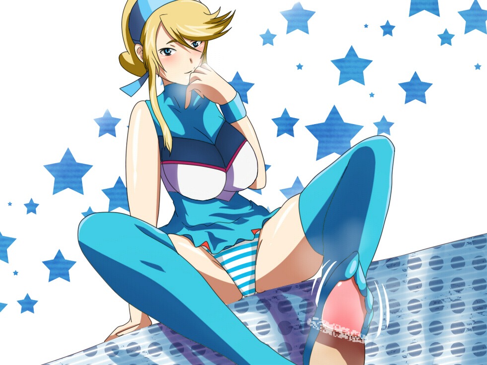 bed big_breasts blonde_hair blue_legwear blush breasts censored cheerleader cleavage clothed_female feet female footjob footjob_with_legwear heroman large_breasts lina_davis looking_down male morune on_bed panties penis rule34 sitting smile striped_panties thighhighs