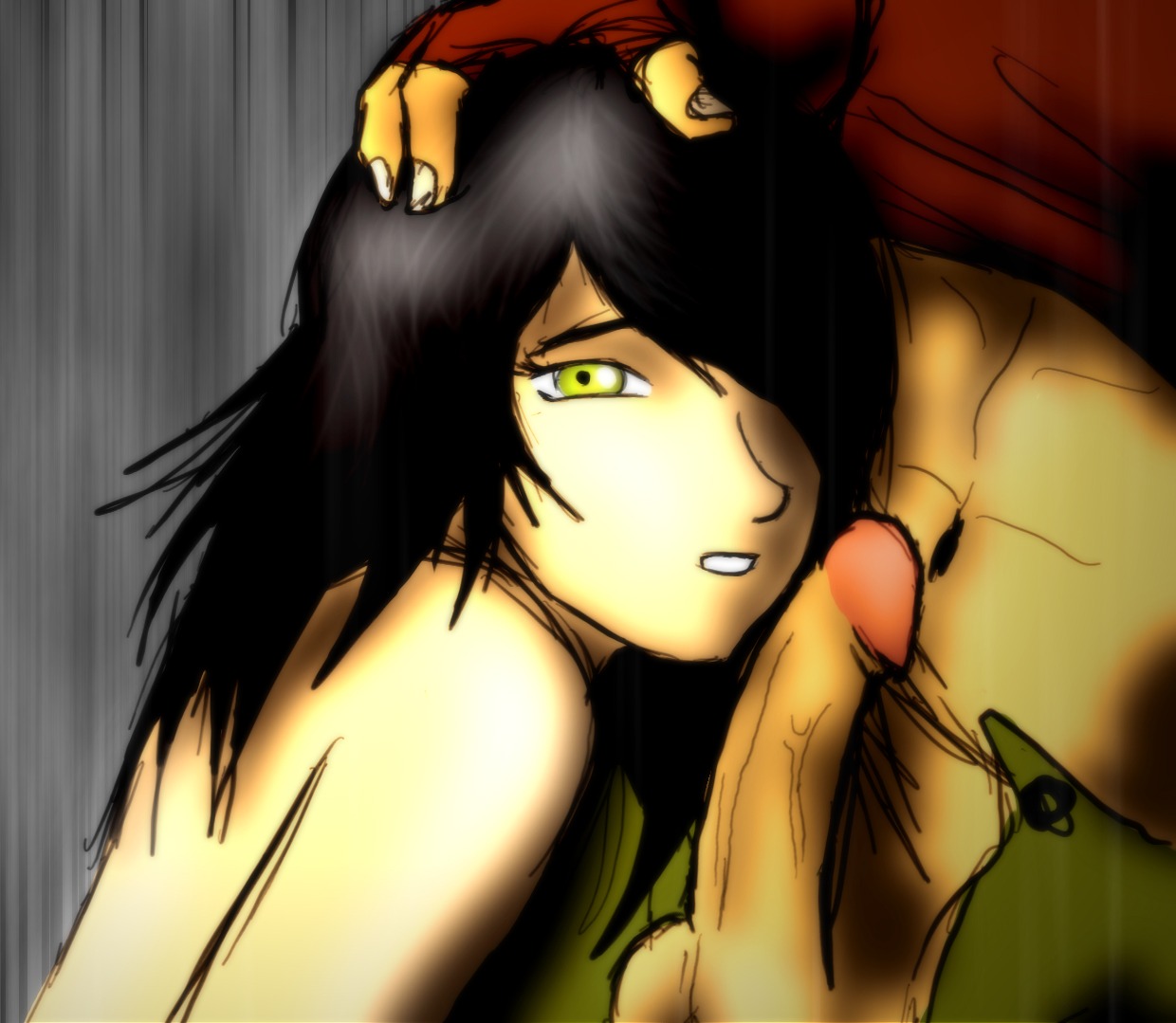 abs artist_request black_hair clothing female fingerless_gloves green_eyes hair_over_one_eye hand_on_head long_hair male partial_male penis rubi_malone rule34 shirt_lift uncensored wet_(game)