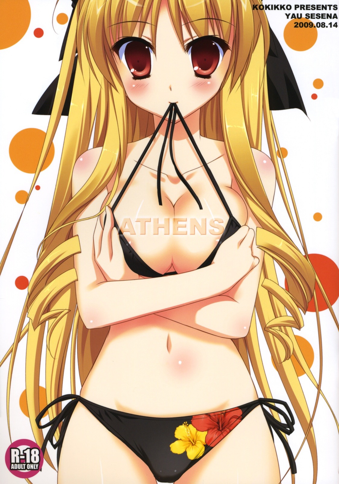 1girls 2009 anime_style bikini blonde_hair breasts clothed clothing female female_only front_view hayate_no_gotoku! huge_eyes human looking_at_viewer medium_breasts pale_skin red_eyes removing_clothing rule34 solo swimsuit tennousu_athena