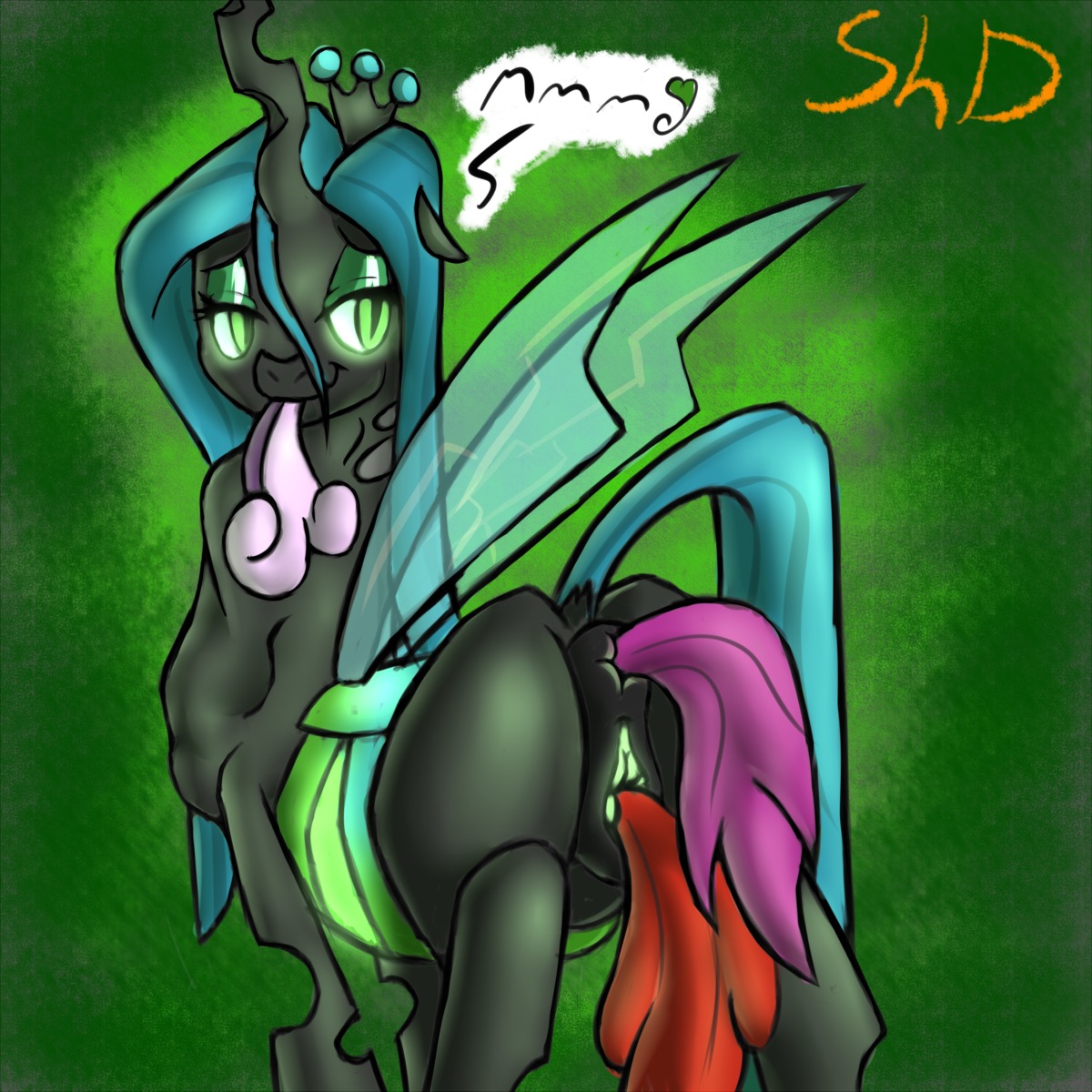 1:1 2013 absurd_res almost_fully_inside anal anal_vore anus apple_bloom_(mlp) arthropod black_body changeling_(mlp) cutie_mark_crusaders_(mlp) duo e621 equid female feral friendship_is_magic genitals glowing glowing_eyes green_background green_eyes green_vulva hair half-closed_eyes hasbro head_first hi_res insect_wings mammal multiple_prey my_little_pony narrowed_eyes neck_bulge oral_vore penetration queen_chrysalis_(mlp) scootaloo_(mlp) shdingo simple_background stretched_throat sweetie_belle_(mlp) three_prey_at_once triple_penetration unbirthing vaginal vore vulva wings