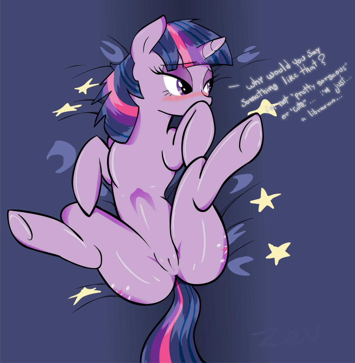 anus ass bed blush dialogue equine female feral friendship_is_magic hasbro horn horse my_little_pony pony purple purple_eyes pussy rule34 shy smooth_skin solo spread_legs spreading tail text twilight_sparkle_(mlp) two-tone_hair unicorn zev