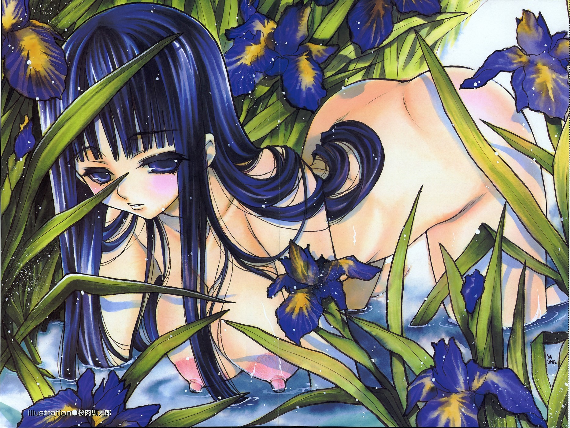 artist_request blue_eyes blue_hair blush breasts copyright_request female flower grass highres huge_nipples illustration large_breasts long_hair marker_(medium) nipples nude rule34 scan traditional_media water wet