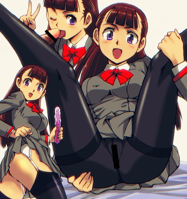 bangs black_legwear blazer blunt_bangs brown_hair censored dildo fellatio female garter_straps garters kamisimo_90 no_panties oral original pantyhose purple_eyes pussy pussy_juice rule34 school_uniform skirt skirt_lift spread_legs thighhighs v