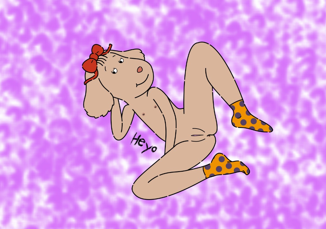 accessory anthro arthur_(series) bow_(feature) bow_accessory bow_ribbon canid canine canis centered_hair_bow clothing domestic_dog e621 female fern_walters footwear genitals hair_accessory hair_bow hair_ribbon heyo heyo_(artist) legwear mammal nude presenting ribbons socks solo vulva young young_anthro
