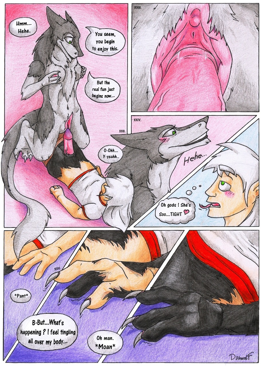 blush breasts clitoral_hood clothed clothing comic danwolf15 duo e621 english_text erection female genitals hi_res human human_to_anthro male mammal nipples nude penis prehensile_clitoral_hood sergal species_transformation tail text tongue transformation urethra vulva
