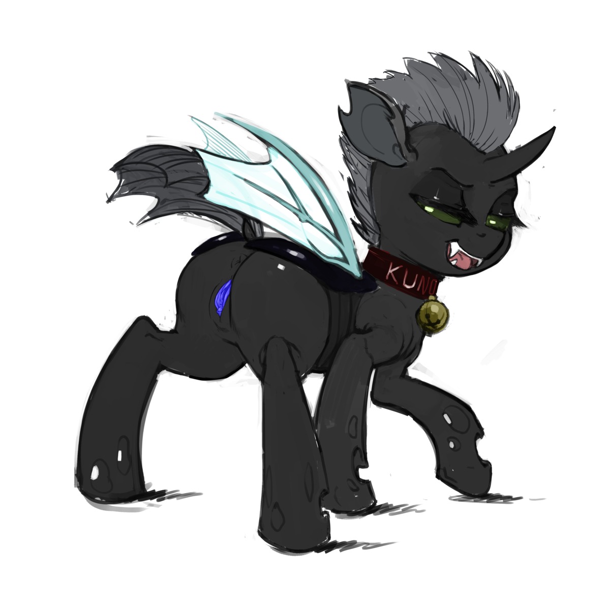 1:1 absurd_res anus arthropod bedroom_eyes bell bell_collar black_body blue_vulva butt changeling_(mlp) clitoris collar digital_media_(artwork) e621 eyelashes fan_character fangs female feral friendship_is_magic genitals green_eyes hair half-closed_eyes hasbro hi_res hole_(anatomy) horn insect_wings kevinsano kuno_(aaoth) looking_at_viewer looking_back mohawk my_little_pony narrowed_eyes open_mouth presenting raised_tail seductive simple_background solo spread_vulva spreading tail teeth third-party_edit tongue vulva white_background wings
