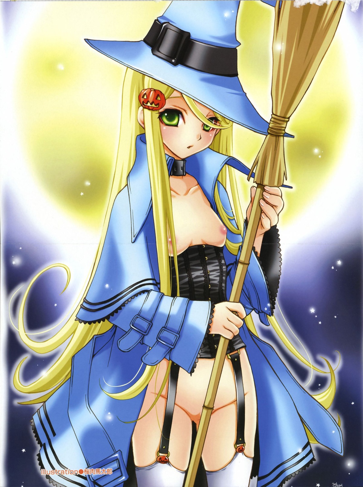 blonde_hair broom female green_eyes halloween nopan rule34 sakuraniku_umatarou thighhighs witch