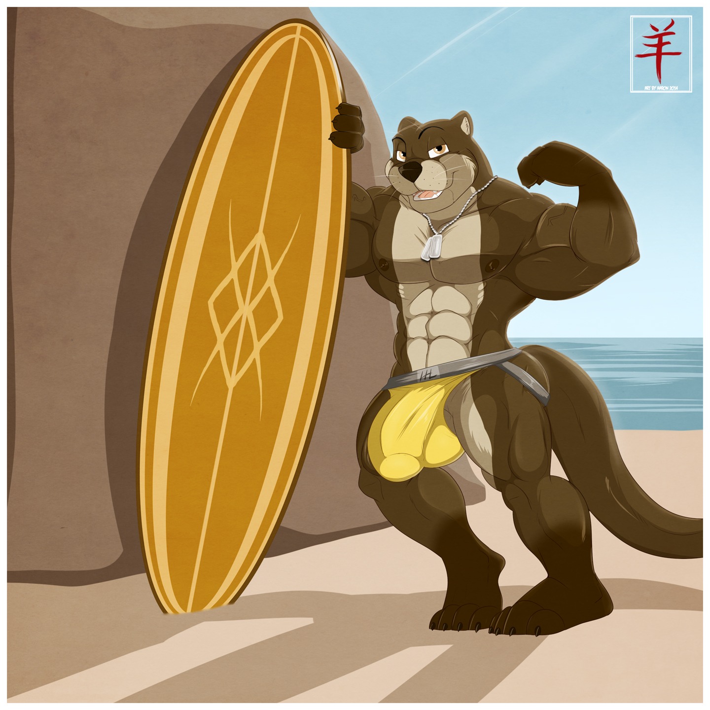 1:1 2014 4_toes aaron_(artist) abs andre_schaffer anthro athletic balls beach biceps big_balls big_bulge big_muscles biped border brown_body brown_eyes brown_fur brown_nipples brown_nose bulge claws clothed clothing detailed_background detailed_bulge digital_media_(artwork) dog_tags e621 fangs feet flexing fur genital_outline genitals hi_res huge_muscles jewelry jockstrap looking_at_viewer male mammal muscular muscular_anthro muscular_male mustelid necklace nipples obliques open_mouth otter outside pecs penis_outline pose sand seaside sky smile solo standing teeth toe_claws toes tongue topless triceps underwear vein veiny_muscles white_body white_border white_fur