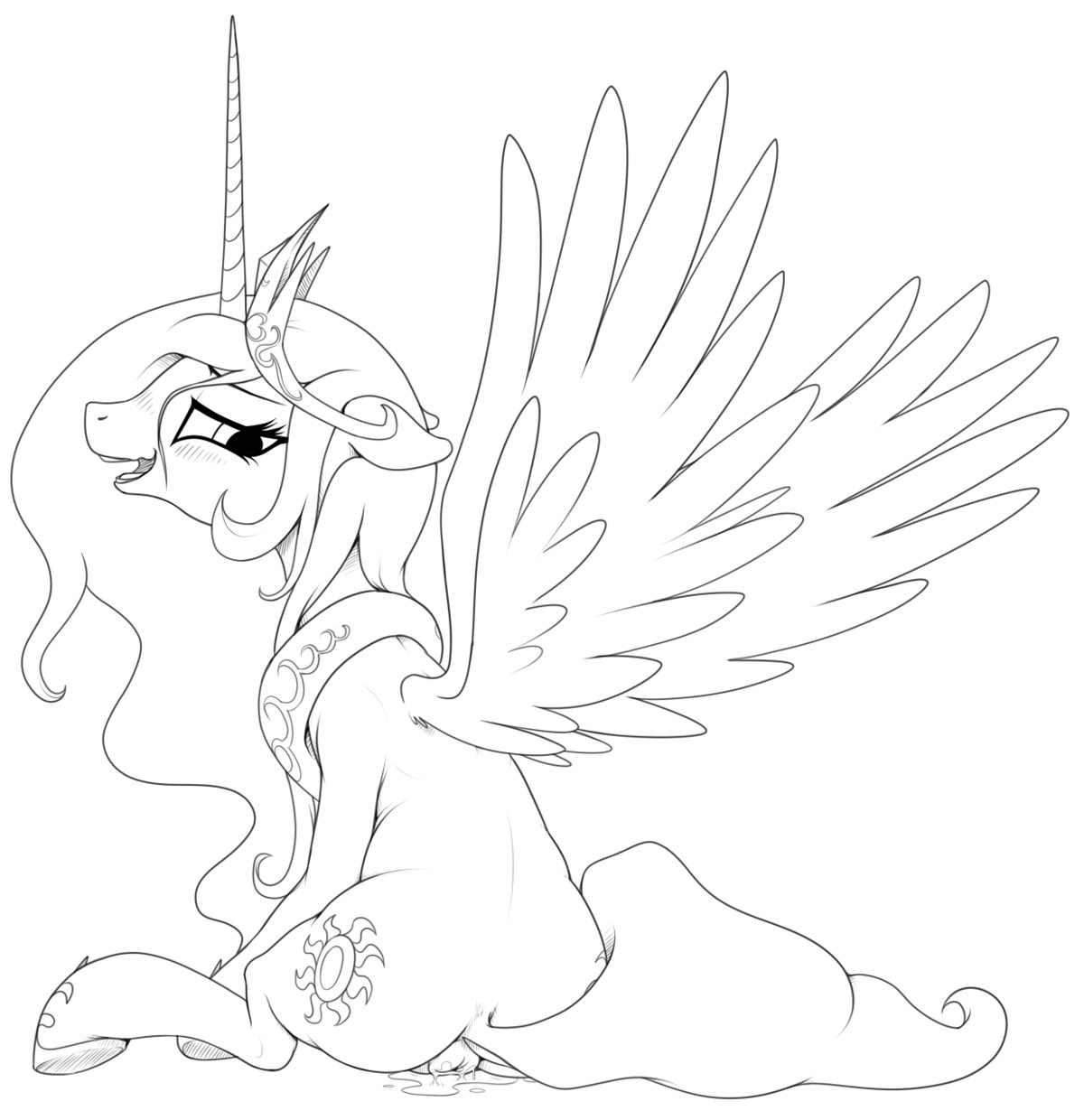 2014 anus black_and_white blush bodily_fluids crown cutie_mark e621 equid equine feathered_wings feathers female feral friendship_is_magic genital_fluids genitals hair hasbro headgear hi_res horn long_hair mammal monochrome my_little_pony mythological_creature mythological_equine mythology open_mouth princess_celestia_(mlp) simple_background sitting solo stoic5 vaginal_fluids vulva winged_unicorn wings