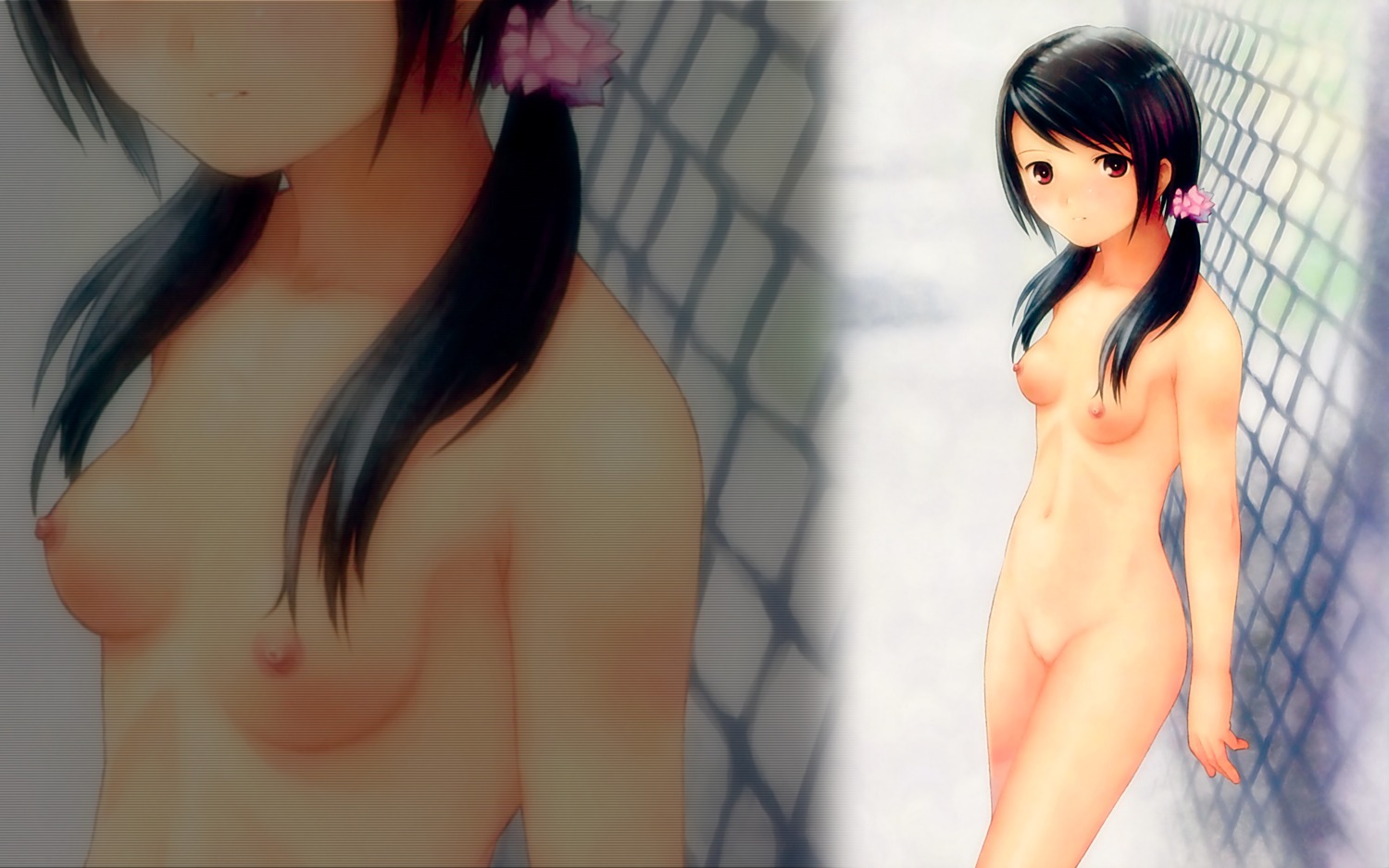 black_hair breasts female fence highres nipples rule34 solo standing tied_hair twintails uncensored wallpaper wallpaper_for_the_brave