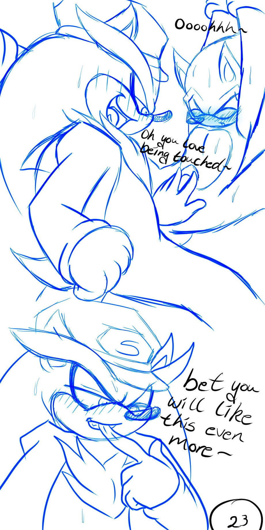 1:2 anthro blush bodily_fluids chest_tuft clothing comic dialogue dominant dominant_male duo e621 english_text eulipotyphlan fur genitals hat headgear headwear hedgehog hi_res male male/male mammal multiple_scenes penis redfirestar sega silver_the_hedgehog sonic_the_hedgehog sonic_the_hedgehog_(series) spread_legs spreading sweat text tuft