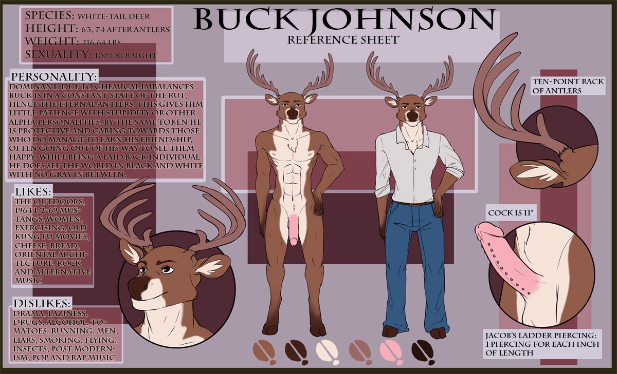 antlers balls big_penis bottomwear brown_eyes buck_(deer) clothing deer e621 english_text erection frenum_ladder frenum_piercing genital_piercing genitals hand_on_hip hooves horn humanoid_genitalia humanoid_penis ladder_piercing male mammal model_sheet pants penis penis_piercing piercing shirt solo text topwear unknown_artist