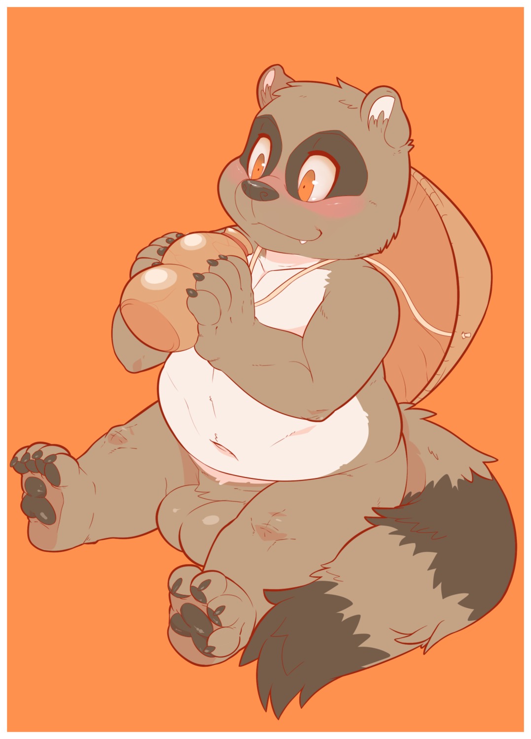alcohol anthro balls beverage big_balls blush border canid canine e621 featureless_crotch fur gazpacho genitals gourd hi_res kemono male mammal nude overweight overweight_anthro overweight_male penectomized raccoon_dog sake solo standalone_balls tail tanuki white_border