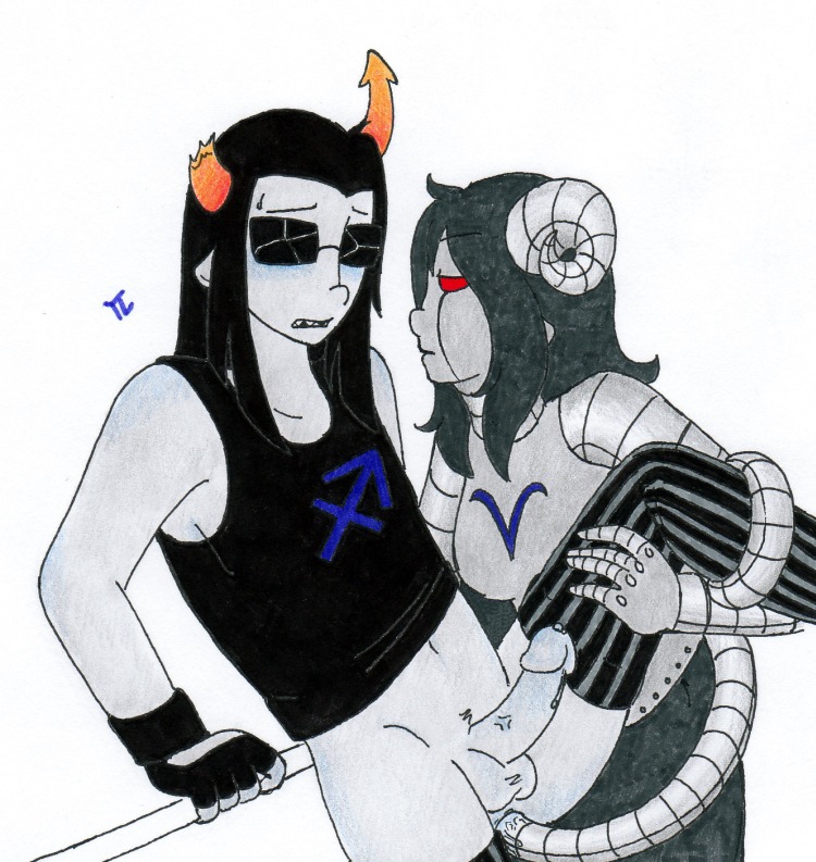 1boy 1girls anal aradia_megido aradiabot black_hair clothing equius_zahhak female fingerless_gloves grey_hair grey_skin homestuck horns long_hair male ms_paint_adventures pandemoniumincarnate penis pointy_ears precum red_eyes robot robot_girl rule34 sharp_teeth source_request straight sunglasses tentacle tentacle_sex troll white_background