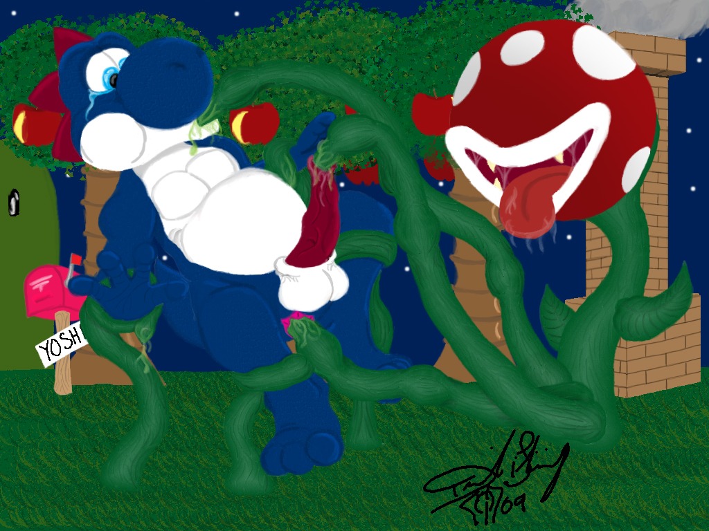2009 balls color dresil interspecies male mario_(series) night nintendo nude outdoors penis piranha_plant rule34 side_view super_mario_world tagme testicles yoshi
