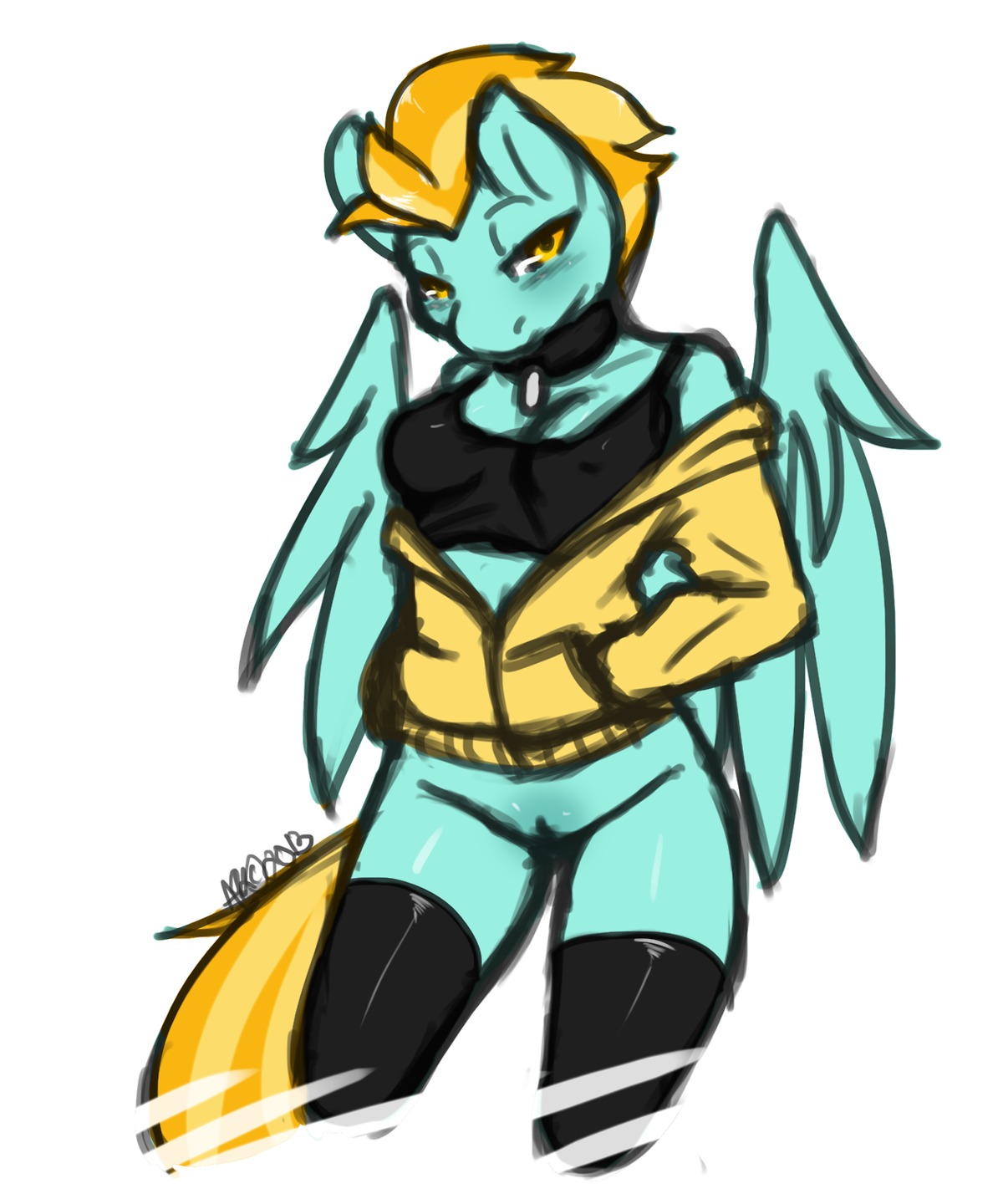 2013 5:6 anthro anthrofied avante92 biped blonde_hair blue_body blue_feathers breasts clothing e621 equid equine feathered_wings feathers female friendship_is_magic genitals hair hasbro hi_res jacket legwear lightning_dust_(mlp) looking_at_viewer mammal my_little_pony mythological_creature mythological_equine mythology pegasus simple_background solo standing stockings tail topwear vulva white_background wings yellow_eyes