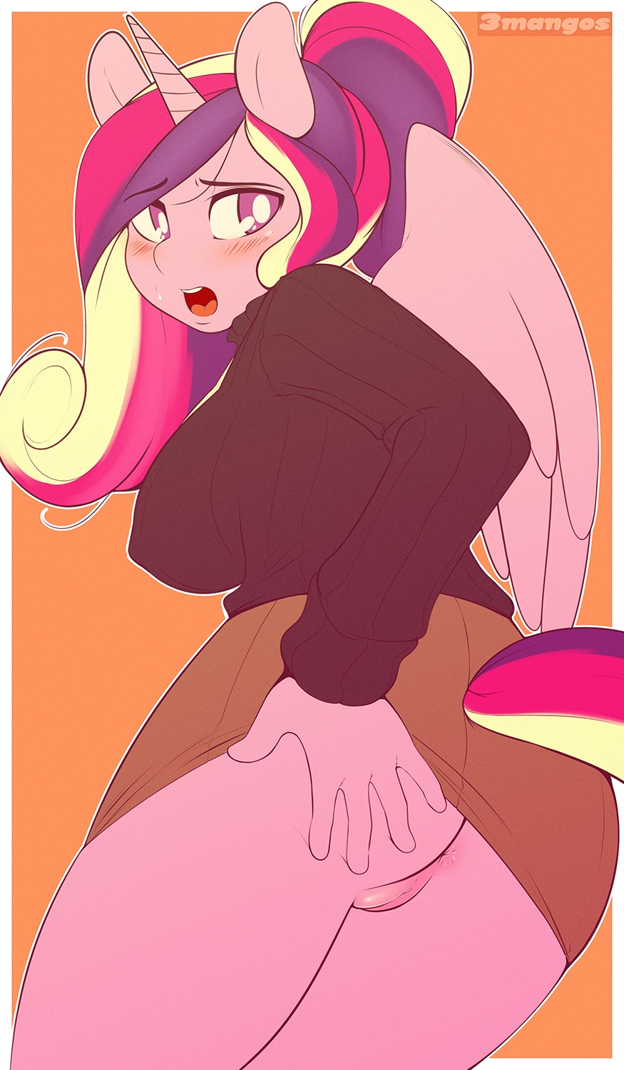 anthro anus blush border bottomwear butt chromapan clothed clothing digital_media_(artwork) e621 equid equine feathered_wings feathers female friendship_is_magic genitals hasbro hi_res horn mammal my_little_pony mythological_creature mythological_equine mythology no_underwear open_mouth orange_background pink_body pink_eyes pink_feathers presenting princess_cadance_(mlp) rear_view simple_background skirt solo upskirt vulva white_border winged_unicorn wings