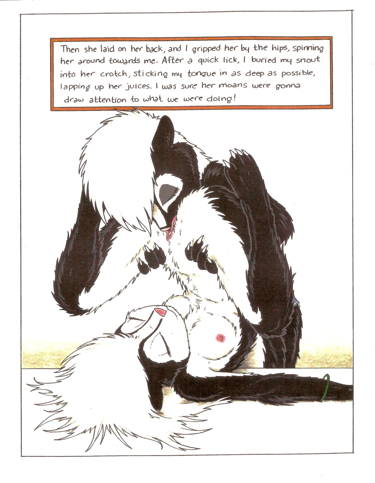 4_toes absurd_res anthro black_body black_fur breasts claws cunnilingus duo e621 english_text eyes_closed feet female female/female fur genitals hair hi_res james_m_hardiman mammal mephitid nicole_(jmh) nipples nude onyx_(jmh) oral sex skunk text toes vaginal vulva white_body white_fur white_hair