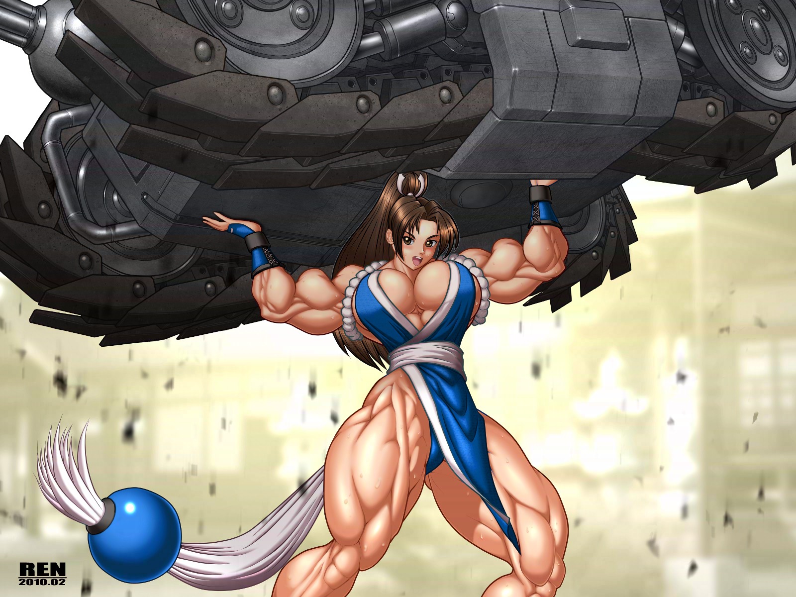 biceps breasts company_connection crossover extreme_muscles fatal_fury female female_only flex highres huge_breasts human king_of_fighters large_breasts lifting mai_shiranui masami metal_slug military military_vehicle muscles muscular muscular_female ren_(tainca2000) rentb rule34 solo super_strength tank vehicle