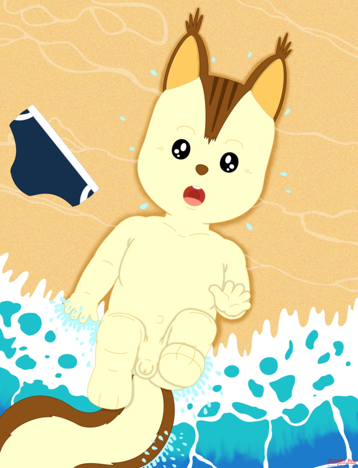 2012 anthro b_j_bear beach clothing digital_media_(artwork) e621 edward_(maple_town) embarrassed flaccid foreskin genitals hi_res male mammal maple_town outside penis rodent sciurid sea seaside shota solo surprised swimwear tree_squirrel water wave young young_anthro young_male