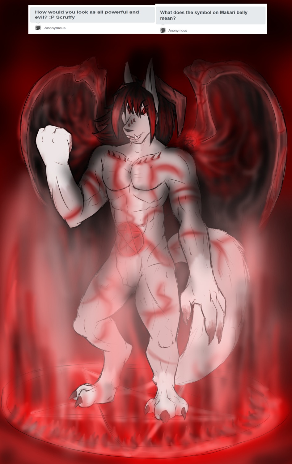 andromorph anthro canid canine canis demon demonic digital_media_(artwork) digitigrade e621 energy english_text fox genitals glowing hi_res horn hybrid intersex magic magic_circle makari makarimorph mammal membrane_(anatomy) membranous_wings muscular muscular_andromorph muscular_anthro muscular_intersex occult_symbol pentacle pentagram solo spikes symbol tail text vulva wings wolf