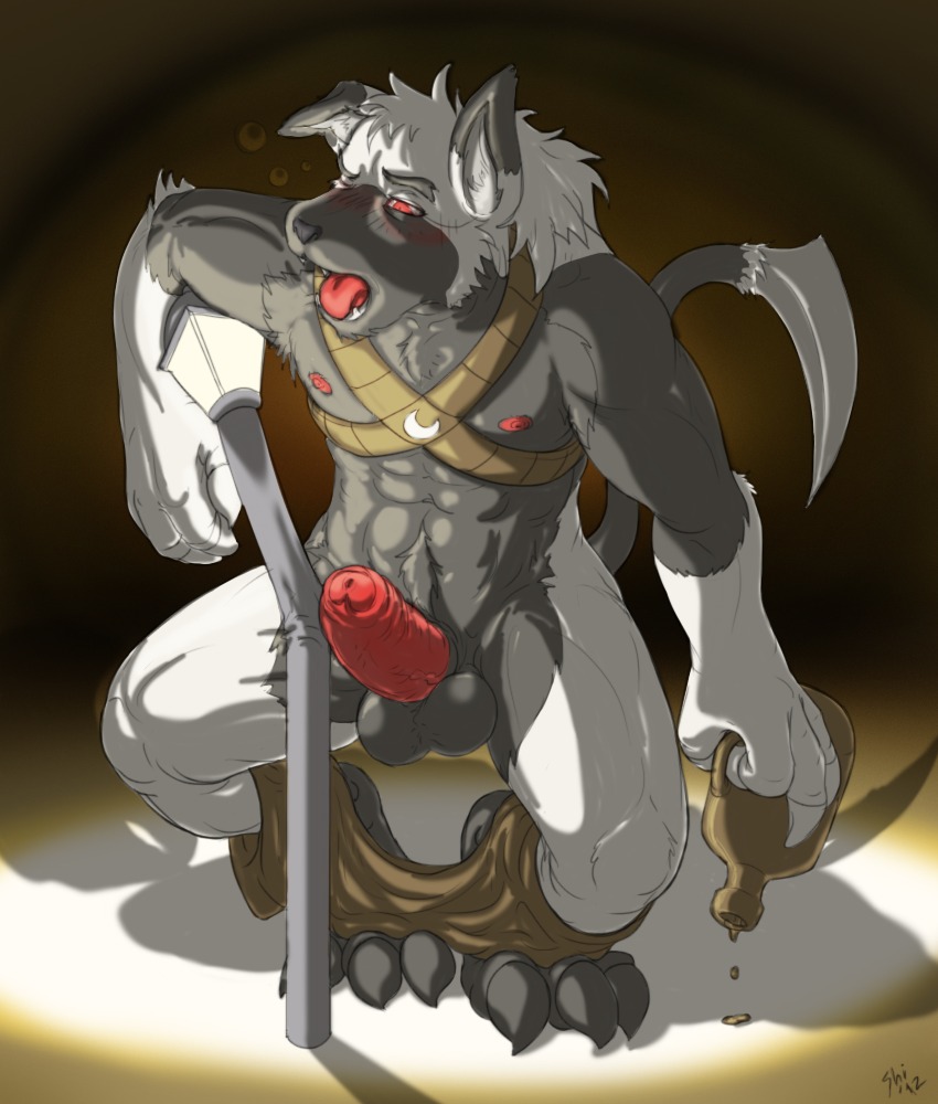 anthro balls blush body_hair bottle bottomwear bottomwear_down canid canine canis clothed clothing container demon drunk e621 erection fangs foreskin fur genitals gloves_(marking) grey_balls grey_body grey_fur happy_trail harness humanoid_genitalia humanoid_penis iratu_elexion male mammal markings muscular muscular_male neck_tuft nipples pants pants_down partially_clothed partially_retracted_foreskin penis red_eyes simple_background slightly_damned solo substance_intoxication tail teeth tongue tuft white_body white_fur wolf yellowpower