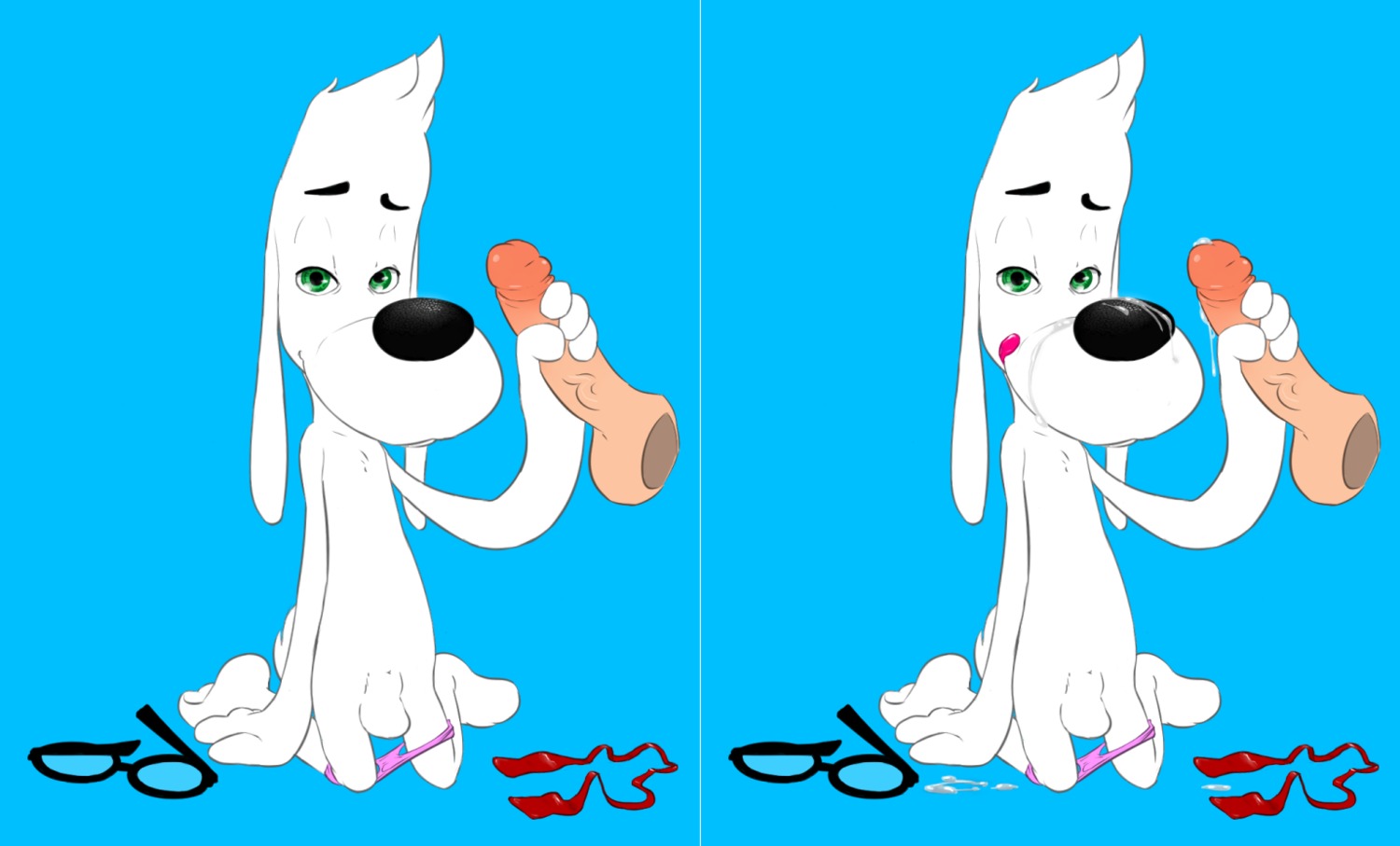animal_genitalia anthro balls bodily_fluids canid canine canis clothed clothing cum cum_on_face cum_on_ground disembodied_penis domestic_dog duo e621 entrance erection eyewear fully_sheathed genital_fluids genitals glasses green_eyes handjob human human_on_anthro humanoid_genitalia humanoid_penis interspecies jay_ward_productions male male/male mammal mr._peabody mr._peabody_and_sherman partially_clothed penile penis sex sheath solo_focus underwear underwear_down vein white_balls white_sheath