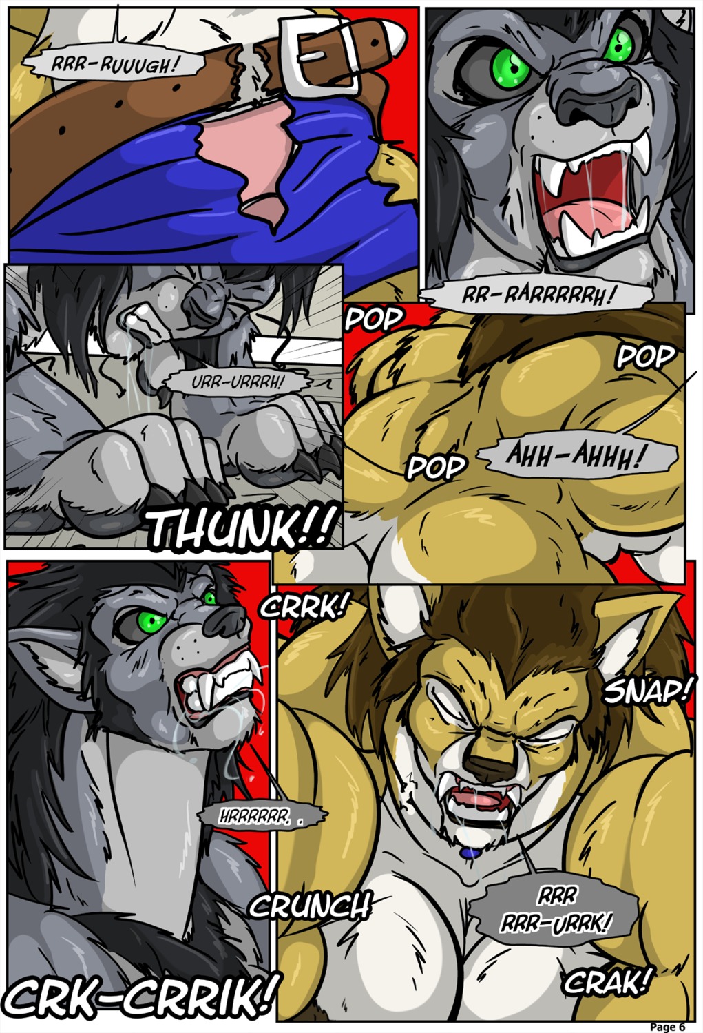 belt black-rat bottomwear breasts canid canine canis clothing comic duo e621 feet female hi_res hindpaw jewelry mammal muscular necklace pants paws teeth transformation wolf