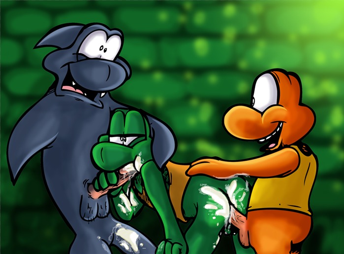 anal anal_penetration anthro balls color crossover cum cum_inside cum_on_body dinosaur fangs fellatio fish furry gay gay_sex green_background interspecies james_pond james_pond:_underwater_agent koopa koopa_troopa lemonarsenic male male/male/male male_only male_penetrated male_penetrating male_penetrating_male marine mario_(series) multiple_males nintendo oral paheal reptile rule34 rule_34_(paheal) scalie sega sex shark straight_hair teeth testicles threesome yaoi yoshi