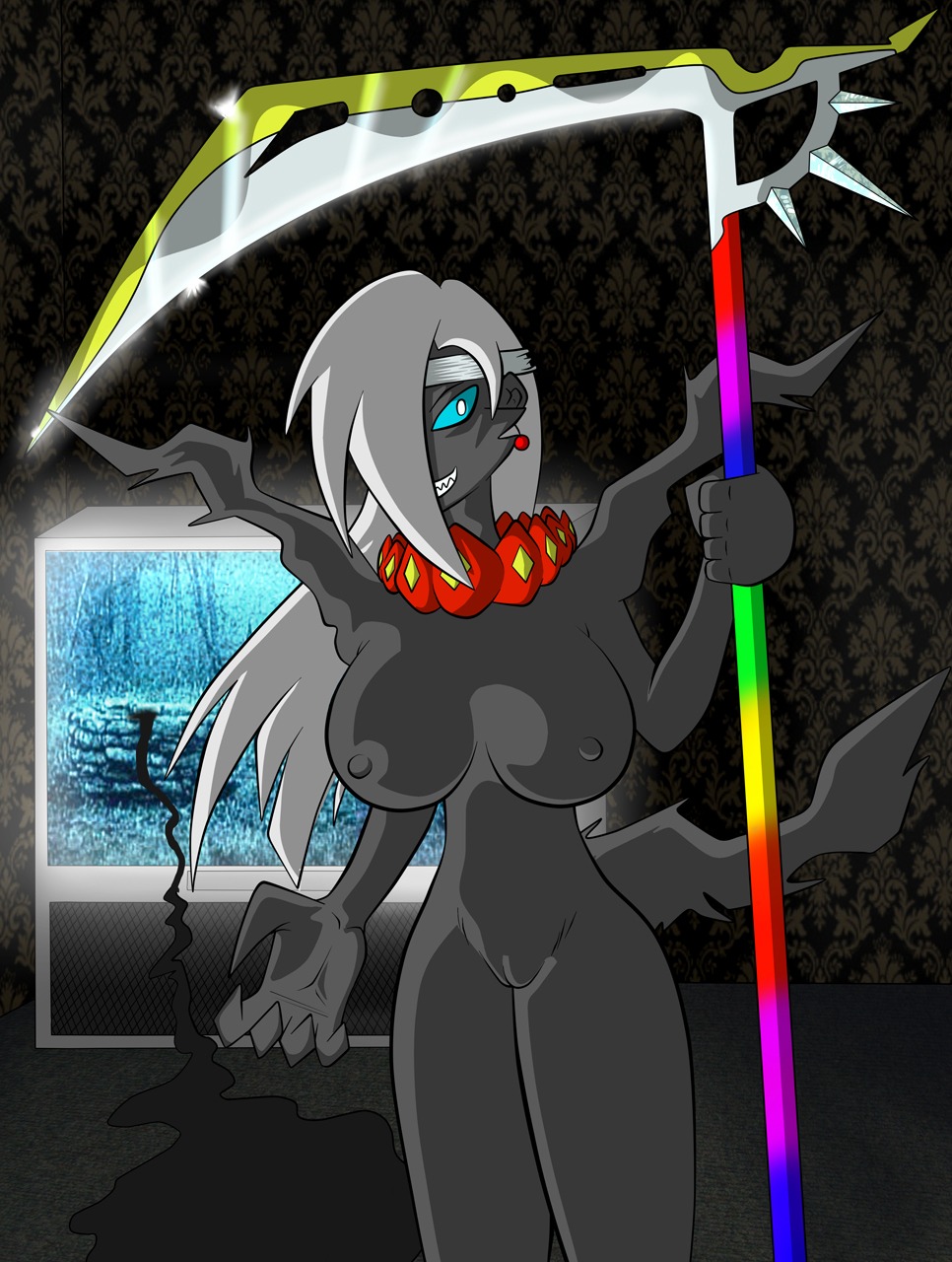 anthro artist_name artist_request breasts color darkrai female female_only front_view nipples nude pokemon pokemon_(species) pussy rule34 scythe solo standing tagme vulva