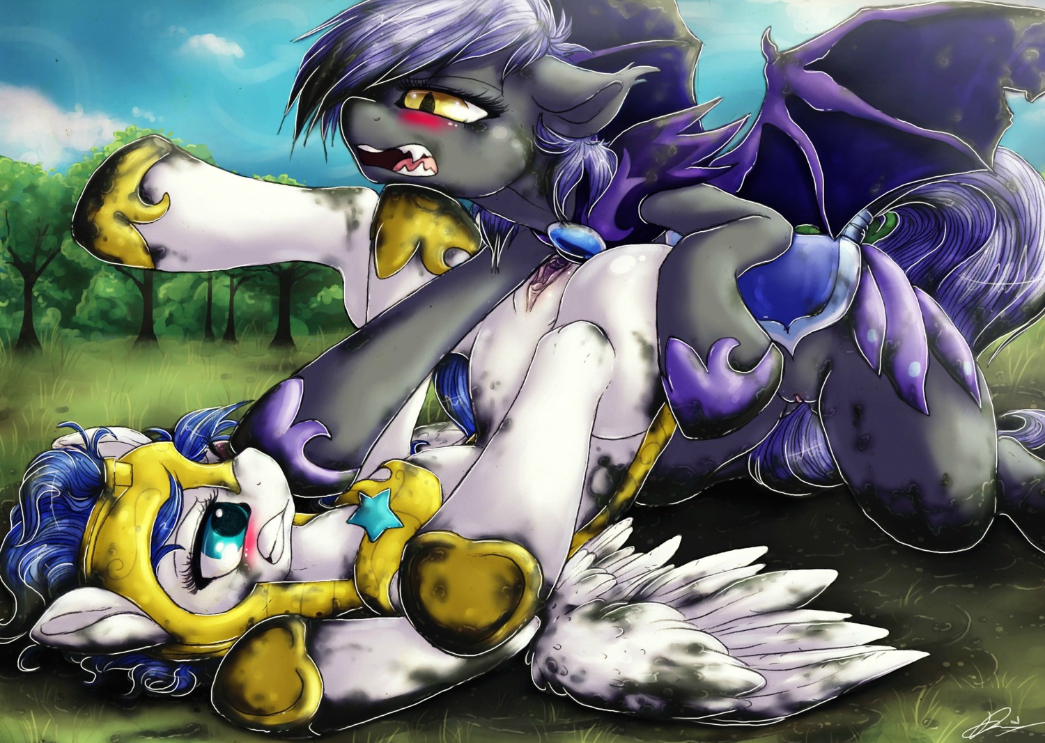 amber_eyes armor bat_wings black_body black_fur blue_hair blush dimwitdog duo e621 equid equine fan_character feathered_wings feathers female feral friendship_is_magic fur genitals hair hasbro headgear helmet hi_res lying mammal membrane_(anatomy) membranous_wings messy midnight_blossom mud mud_wrestling my_little_pony mythological_creature mythological_equine mythology night_guard_(mlp) on_back pegasus purple_hair royal_guard_(mlp) thestral vulva white_body white_feathers white_fur wings wrestling