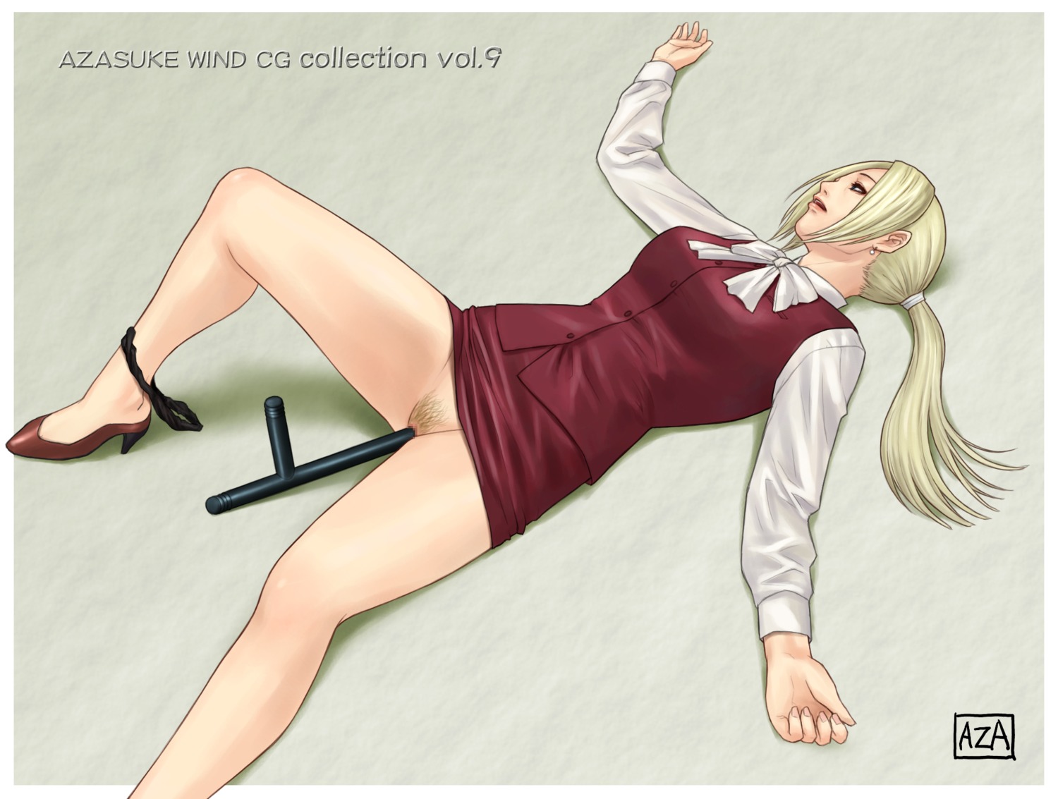 azasuke black_panties blonde_hair blue_eyes censored female formal high_heels highres insertion leg_lift long_hair lying mosaic_censoring nina_williams on_back panties panties_around_leg panties_around_one_leg penetration ponytail pubic_hair pussy rule34 shoes skirt skirt_lift solo suit tekken tied_hair tonfa underwear vaginal_penetration version_without_pubic_hair_available weapon