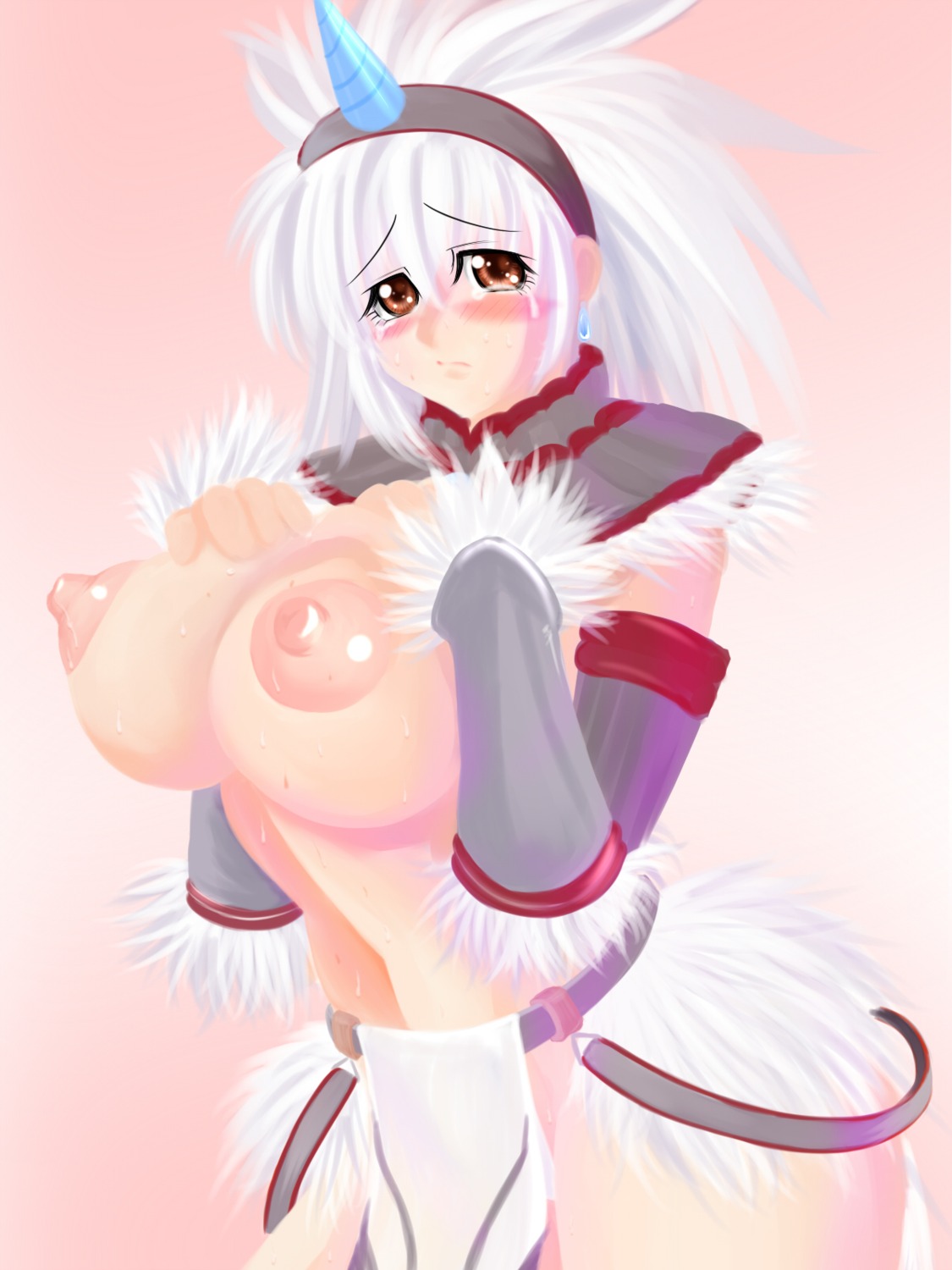 blush breasts capcom color crying erect_nipples female female_only hairband highres horn kirin_(armor) large_breasts monster_hunter nipples pink_background puffy_nipples rule34 solo tears white_hair