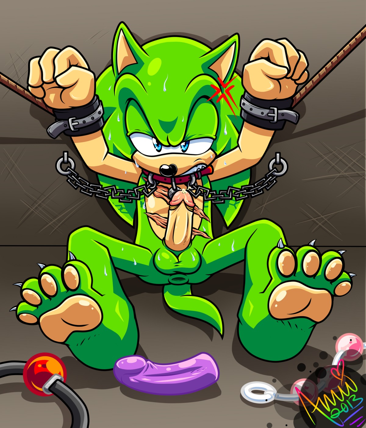 absurd_res amuzoreh anal_beads anthro anus archie_comics ball_gag balls bdsm biped blue_eyes bodily_fluids bondage bound butt chain clenched_teeth collar dildo e621 erection eulipotyphlan fur gag genitals green_body green_fur half-closed_eyes hedgehog hi_res leash male mammal narrowed_eyes penis scar scourge_the_hedgehog sega sex_toy sex_toy_background shaded sitting solo sonic_the_hedgehog_(archie) sonic_the_hedgehog_(comics) sonic_the_hedgehog_(series) spread_legs spreading submissive submissive_male sweat teeth