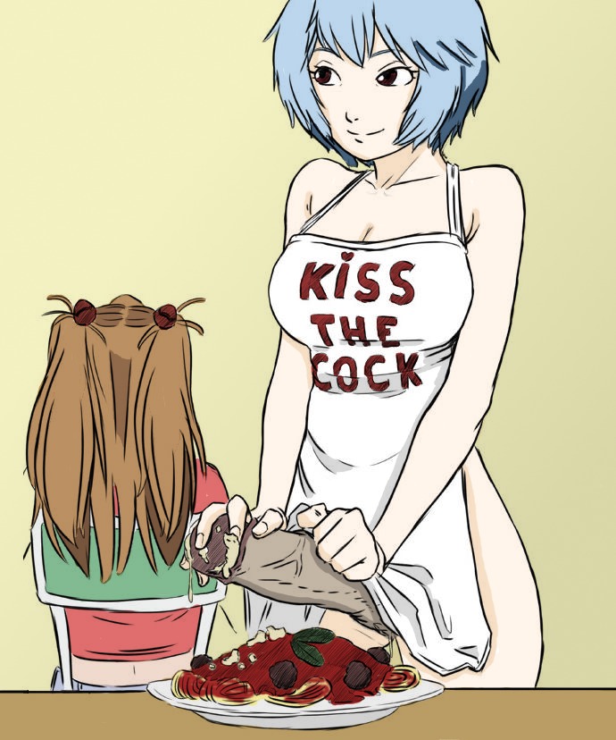 1futa 1girls apron asuka_langley_sohryu bb breasts cleavage cum drawfag female food food_play futanari human intersex kiss_the_cook large_breasts naked_apron neon_genesis_evangelion penis penis_under_apron rei_ayanami ruining_food rule34 smegma