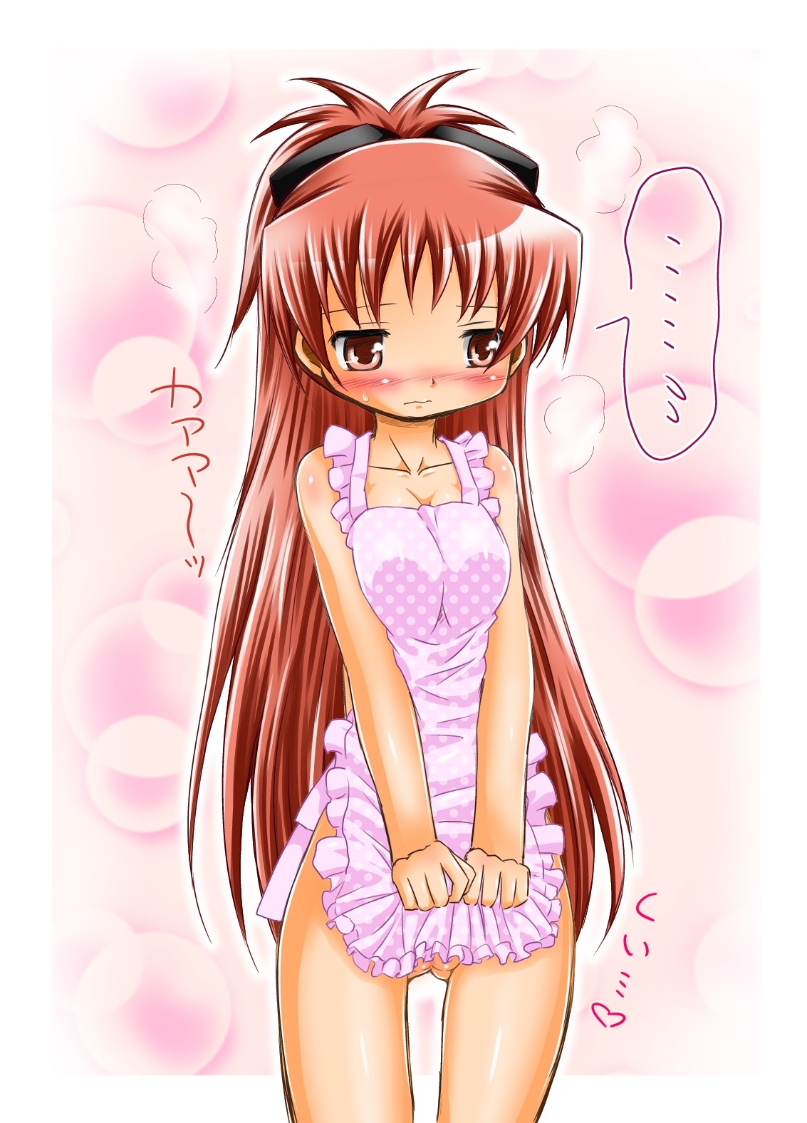 apron blush female highres long_hair mahou_shoujo_madoka_magica naked_apron ponytail red_eyes red_hair rule34 sakura_kyouko solo steam text tied_hair translated translation_request yoshitani-g yoshitani_motoka