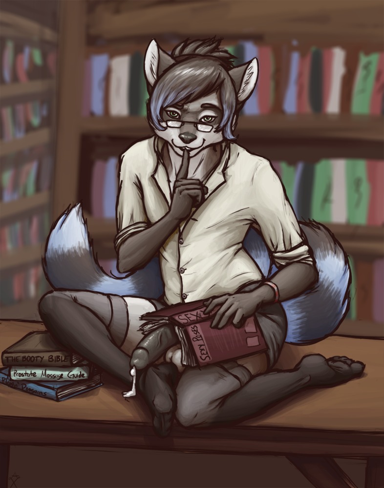 anthro balls biped black_hair bodily_fluids book clothed clothing crossdressing cum digital_media_(artwork) domestic_cat e621 erection eyewear felid feline felis femboy genital_fluids genitals glasses glopossum green_eyes hair humanoid_genitalia humanoid_penis hybrid legwear library looking_at_viewer male mammal open_mouth penis procyonid public public_erection raccoon shirt sitting smile solo spiral_staircase stockings tail topwear